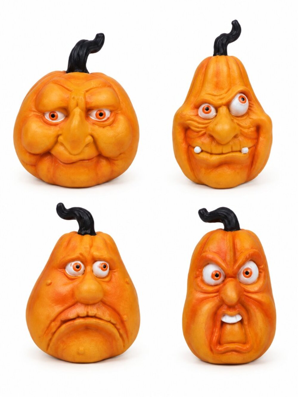 Halloween Creepy Pumpkin Face Decor Set of 4 Vintage Style Orange NEW